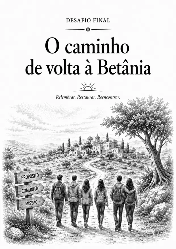 Ilustração do caminho de volta à Betânia, com um grupo caminhando em direção à cidade